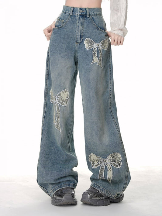 High Street Jeans mit weitem Bein und Spitzenschleife in Blau