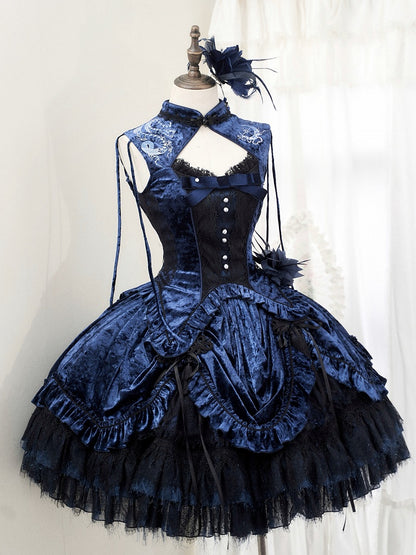 Dark Blue Gothic Lolita Velvet Tassel Knot Button Drawstring Skirt