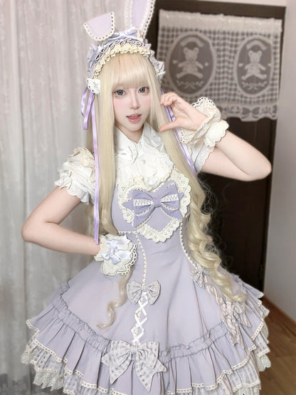 Bow-Accented Lolita JSK Dress in Purple Plaid with Lace Trim - Yinying Lolita