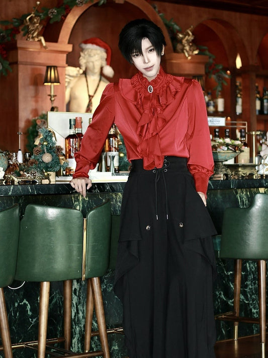 Red Blouse Jabot High-Collar Gothic with Prince Ruffled