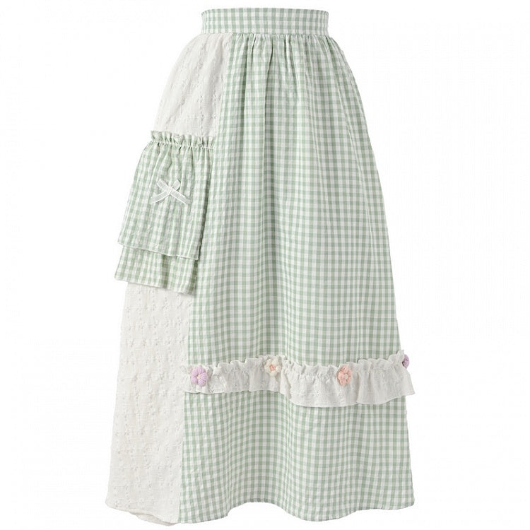 モリケイ グリーン チェック柄 ニット 花柄 蝶結びディテール スカート