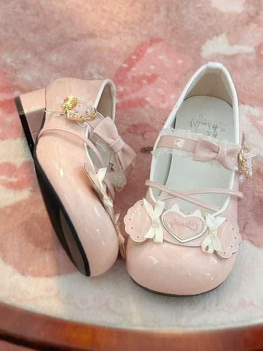 Lolita Toe Candy Janes Details with Heart Themed Low-heel Mary Sweet Round Pink