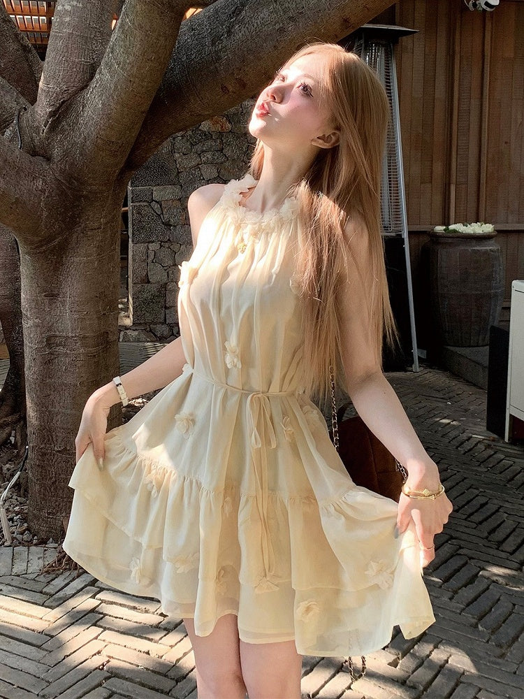 Milk Yellow Halter Dress with Floral Accents - Qchiwawameme