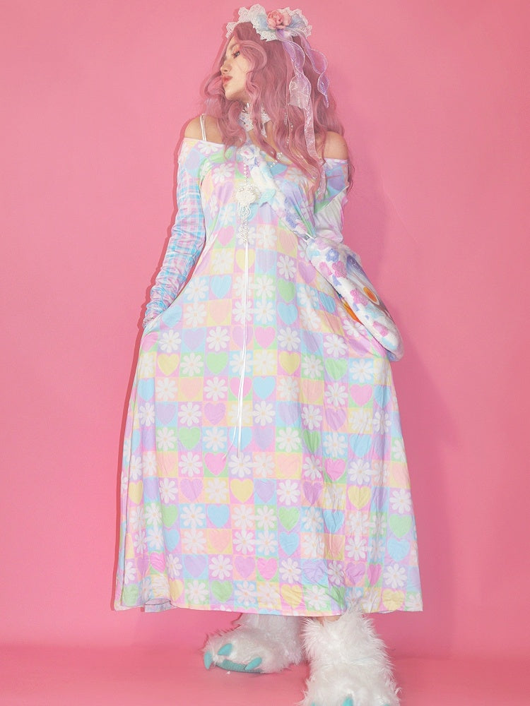 Blumendruckmuster Herz Y2K Buntes und kariertes Bärenkleid