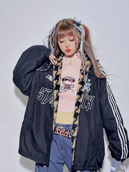 Reversible Black&Yellow Houndstooth Banded Collar Letter Jacket