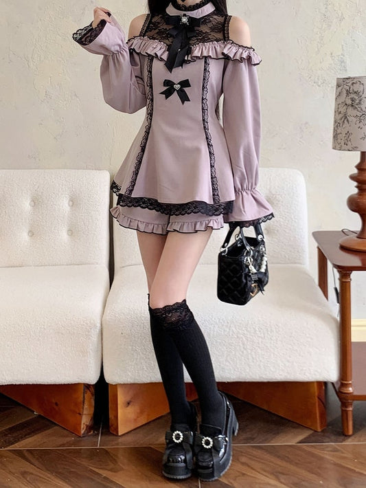 イリュージョンスカートネックラインカットアウトショルダーヘムショーツミニドレスジライケイブラックフリルセットパープル