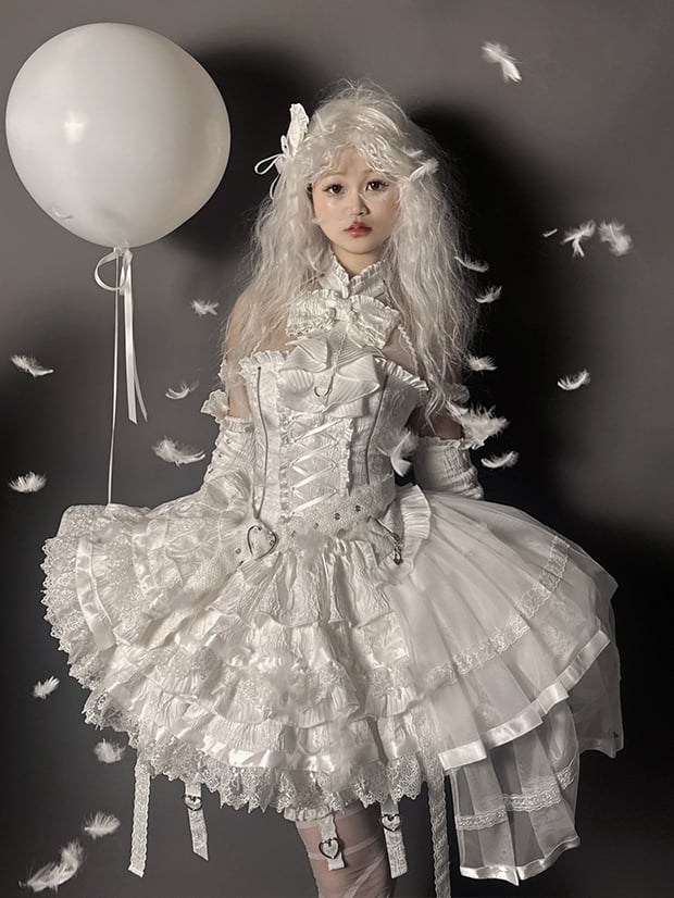 White Ruffles Gothic Strappy Lolita Skirt Tiered Heart Buckle