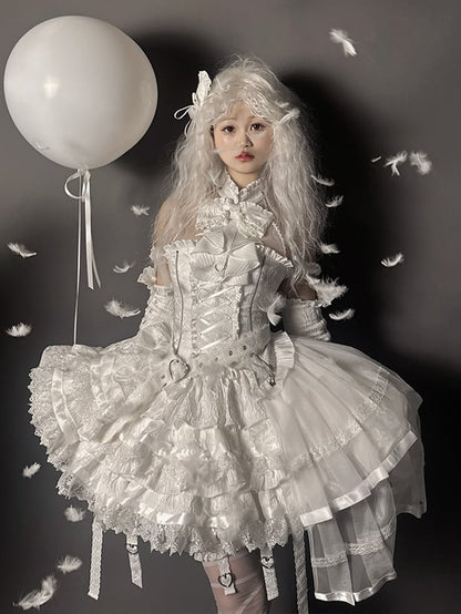 White Ruffles Gothic Strappy Lolita Skirt Tiered Heart Buckle
