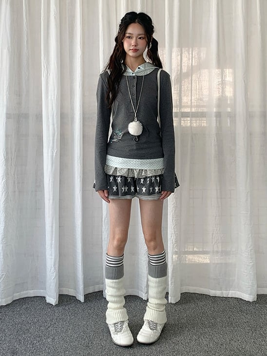 Y2K Dot Wings Patchwork Rhinestone Gray Hooded with Two-piece Polka Top