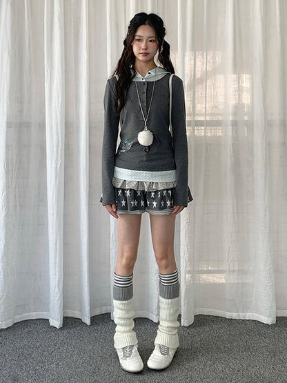 Y2K Dot Wings Patchwork Rhinestone Gray Hooded with Two-piece Polka Top