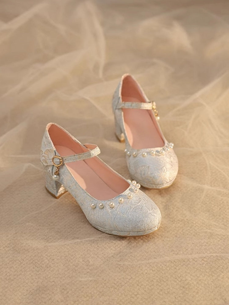 with Qi Satin Shoes Mid-heel Beaded Lolita - Details Blue Floral