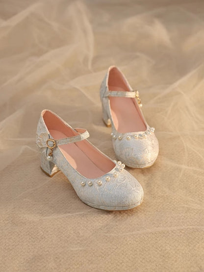 with Qi Satin Shoes Mid-heel Beaded Lolita - Details Blue Floral