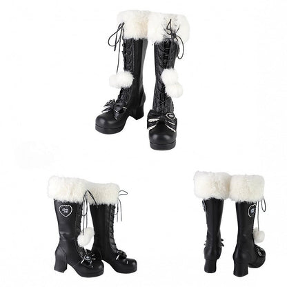 - Heeled PU Lolita Sweet Boots with Collar Design Plush Black