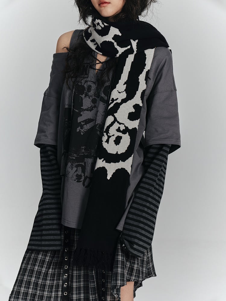 Print Skeleton with Black Scarf Red Punk Text