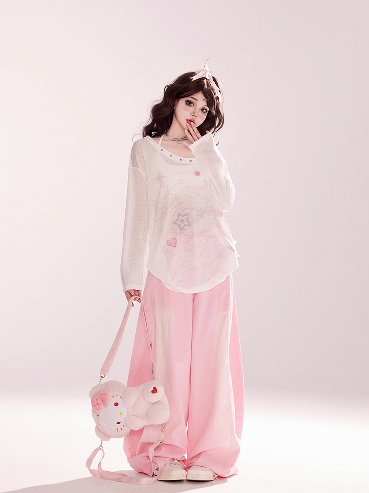 Print Blue/White Coverup Lace-up Neckline Star Semi-sheer