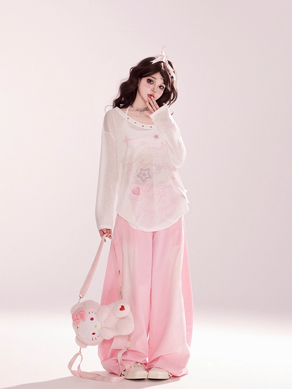 Print Blue/White Coverup Lace-up Neckline Star Semi-sheer