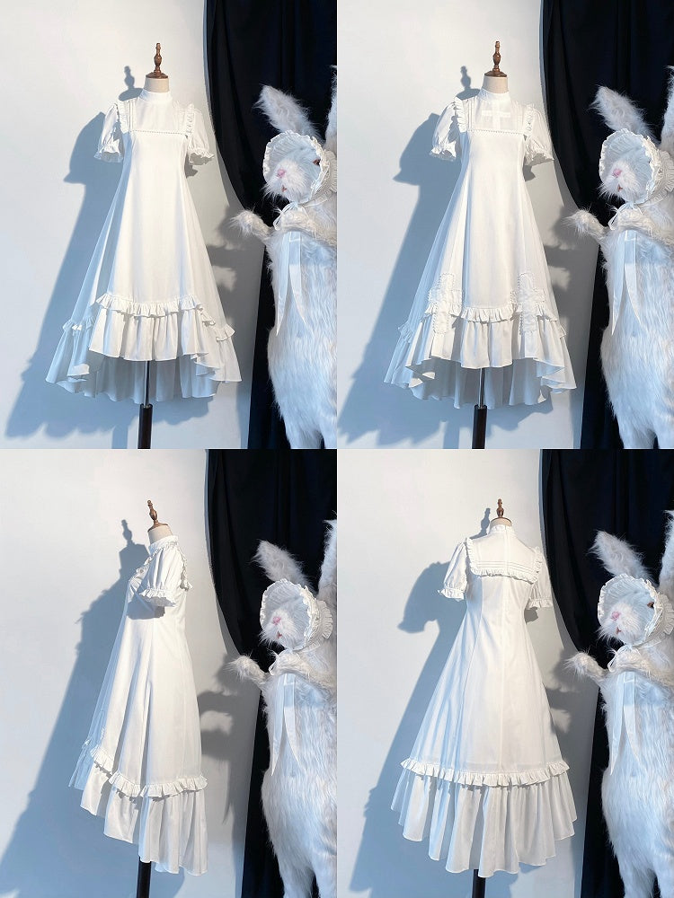 White Gothic Lolita High-Low Ruffled Dress with Cross Patches - Blossom Herald