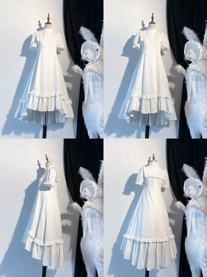 White Gothic Lolita High-Low Ruffled Dress with Cross Patches - Blossom Herald