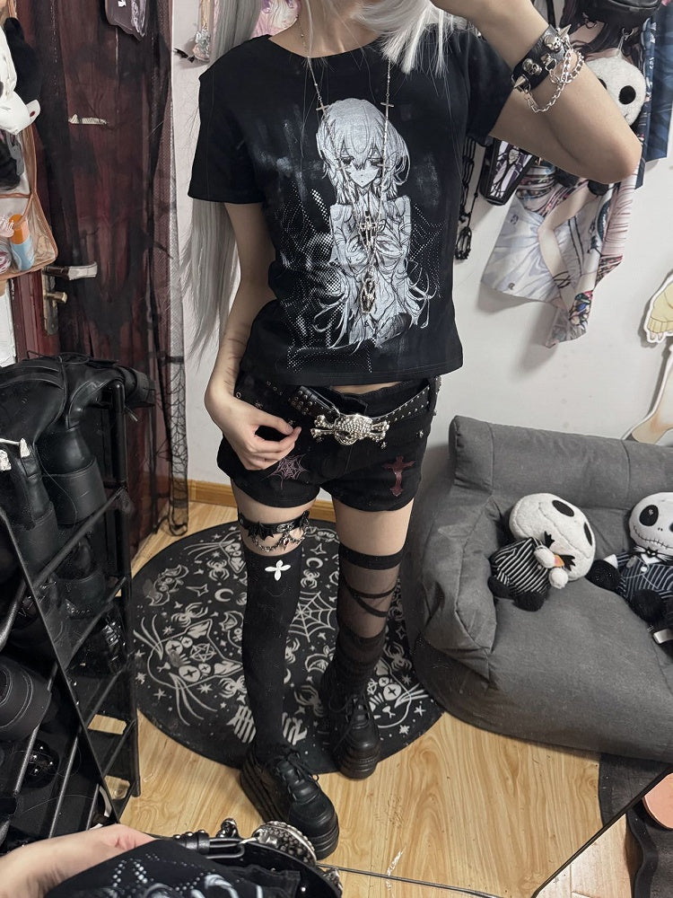 Cartoon Black Cotton Slim-fitting Girl Design Print T-shirt Crewneck with