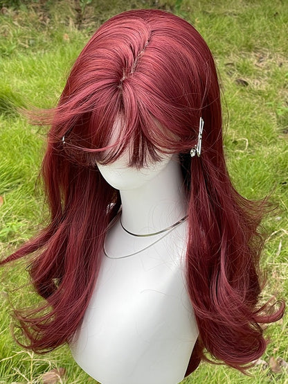 Rosenrote lange gewellte Kunsthaarperücke mit Pony