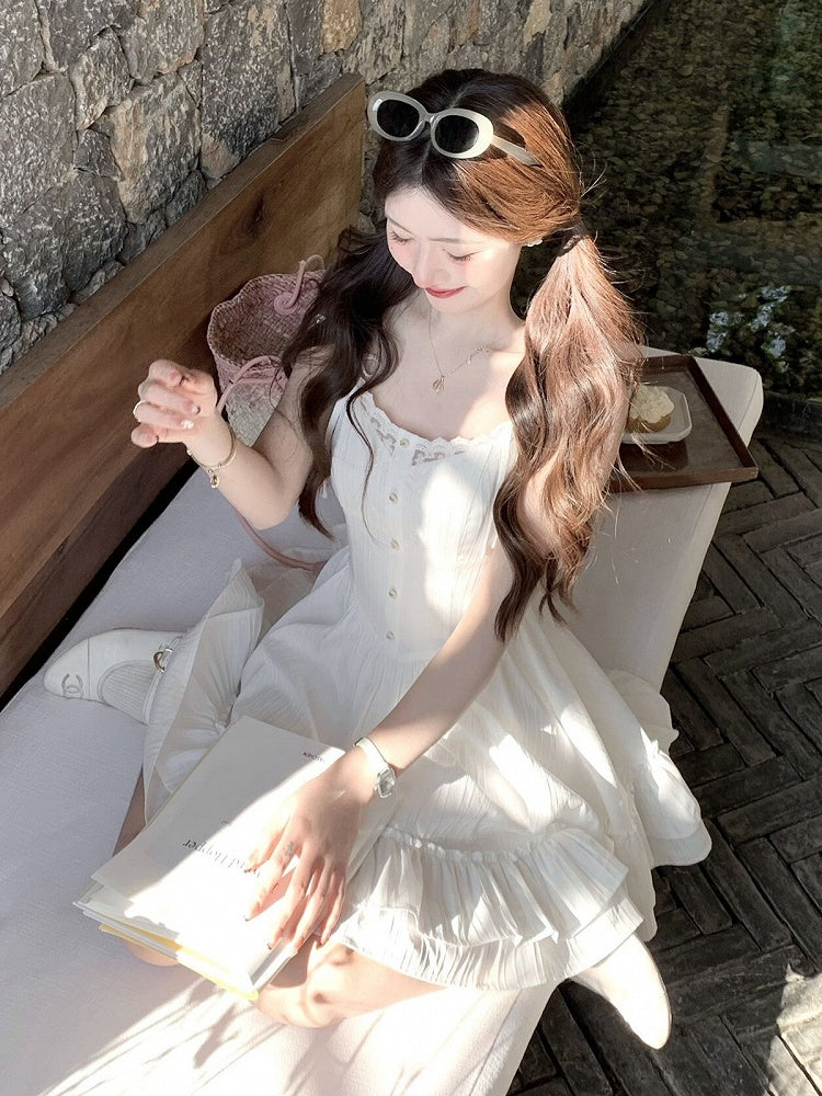 White Lace Detail Summer Holiday Dress - Qchiwawameme