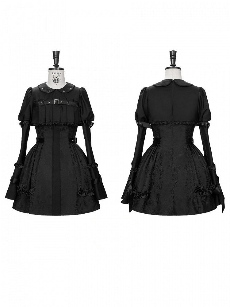 Black Gothic Lolita Bell Sleeve Dress with Lace and Metal Buckle Accents - Kuroya