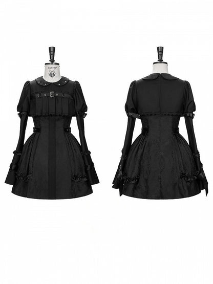 Black Gothic Lolita Bell Sleeve Dress with Lace and Metal Buckle Accents - Kuroya