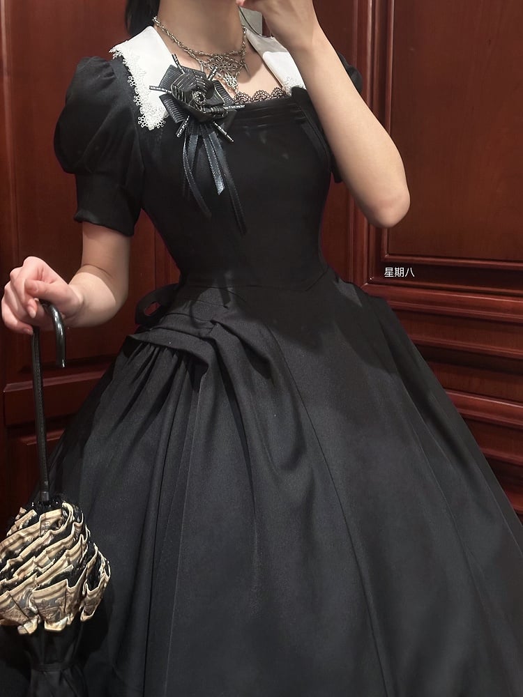 OP Lolita Vintage Sleeves Black Dress Gothic Puff
