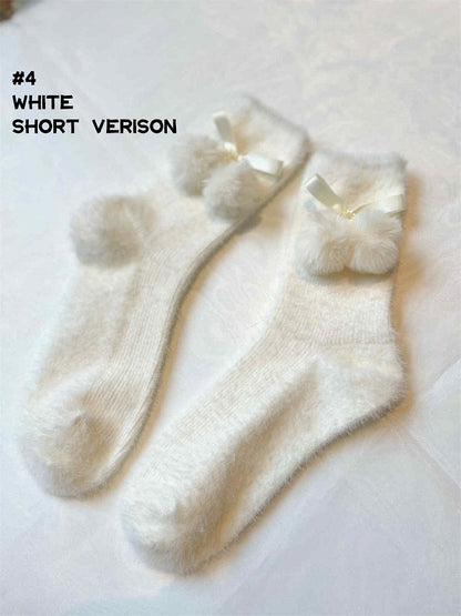 6 Options Red/White Bow Pompons Ankle/Calf Socks
