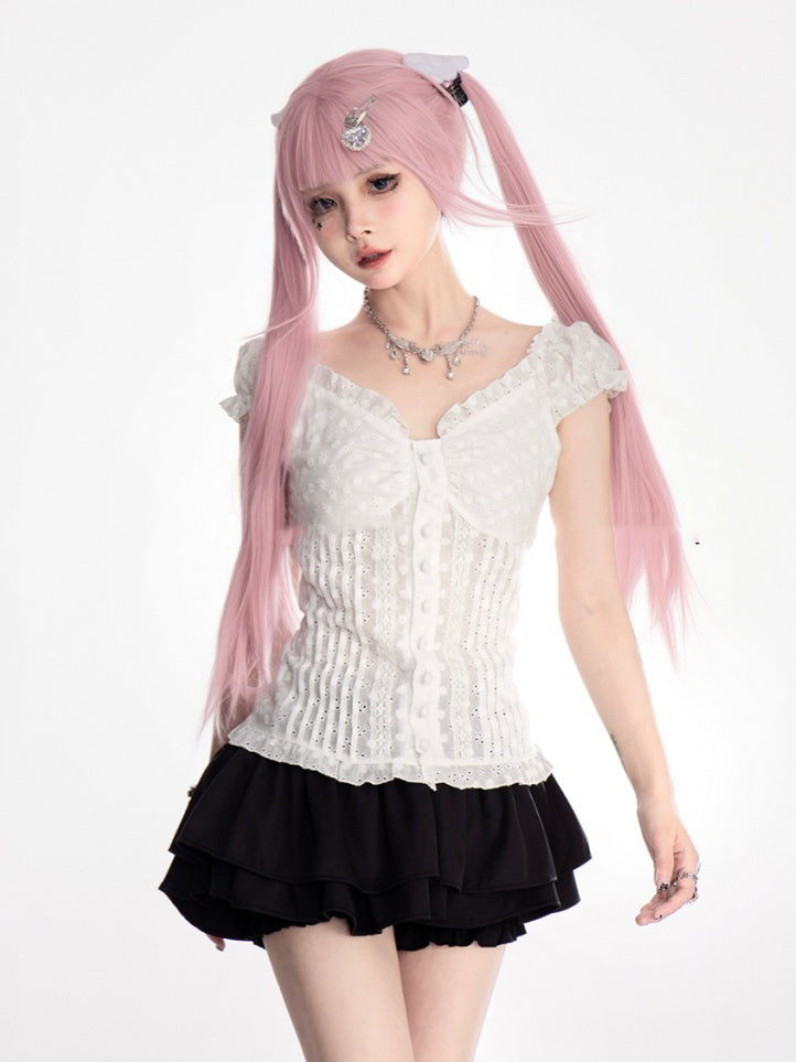 VネックTシャツ ホワイト オフショルダー ネックライン パフスリーブ スイート