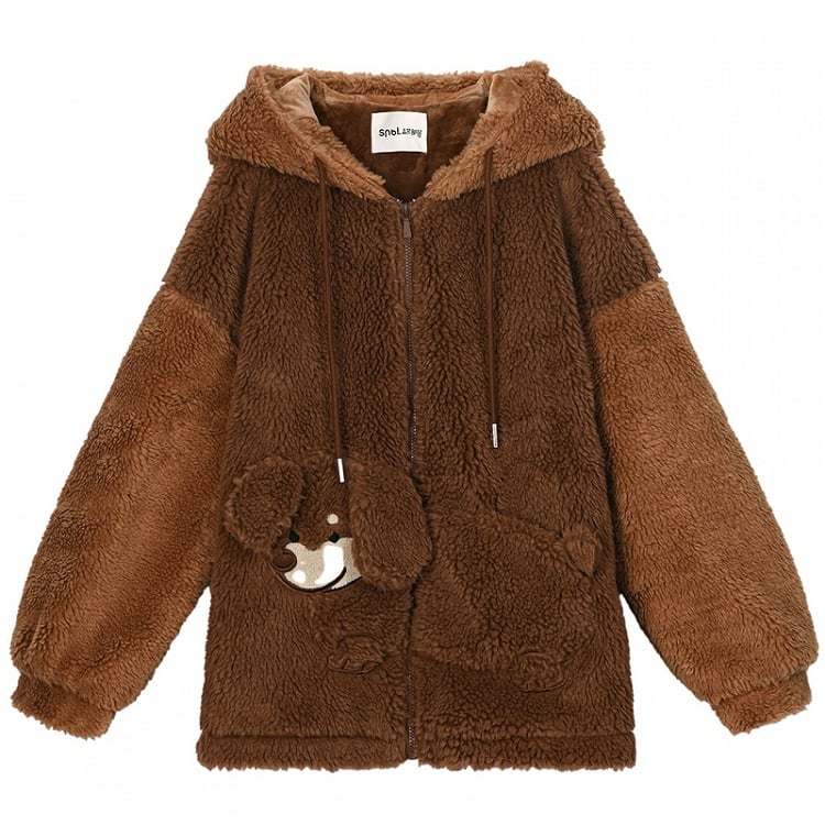 Brauner Fleece-Kapuzenpullover mit süßem Welpen-Taschendesign