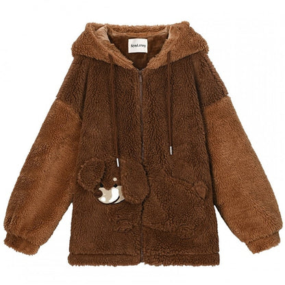 Brauner Fleece-Kapuzenpullover mit süßem Welpen-Taschendesign