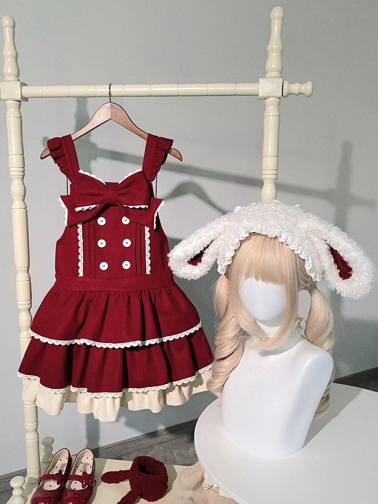 and Overall Sweet Lolita Bow Dress Straps Tiered Red Waist Dropped with Hem Ruffle