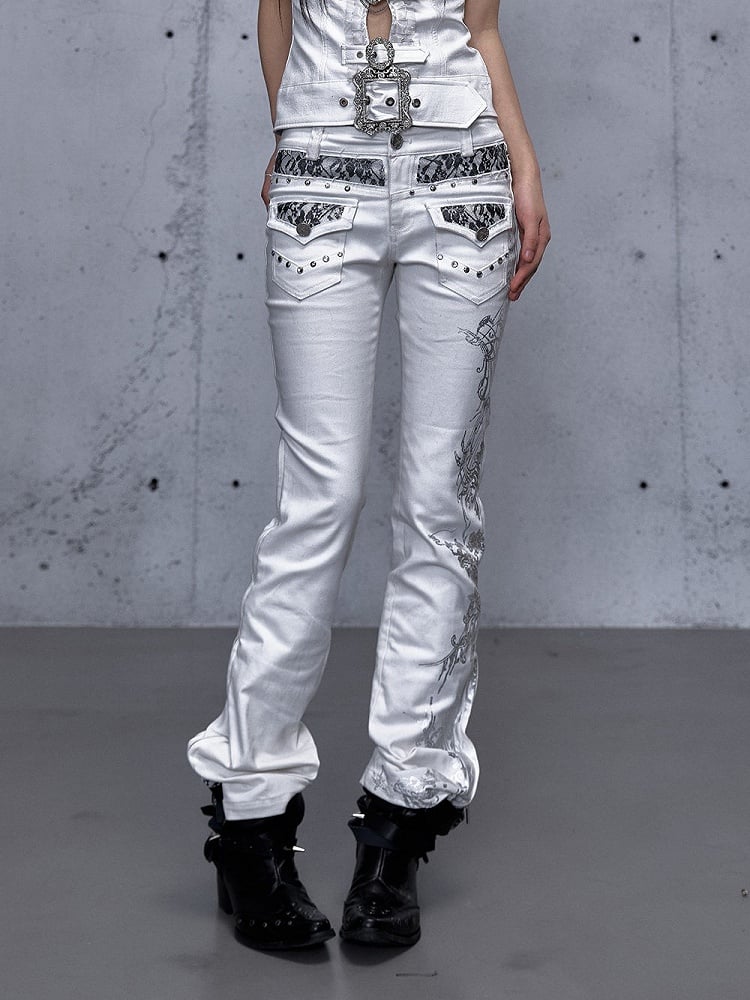 Embellishments Studded Jeans Punk Lace White Flare Silver with Vintage Details Slight