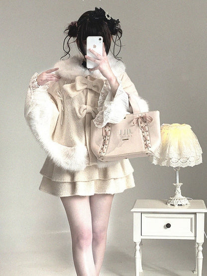Double-Layer Pom-Pom Bow Skirt Jirai Kei Pink/Black/Off-White Ruffle Decor