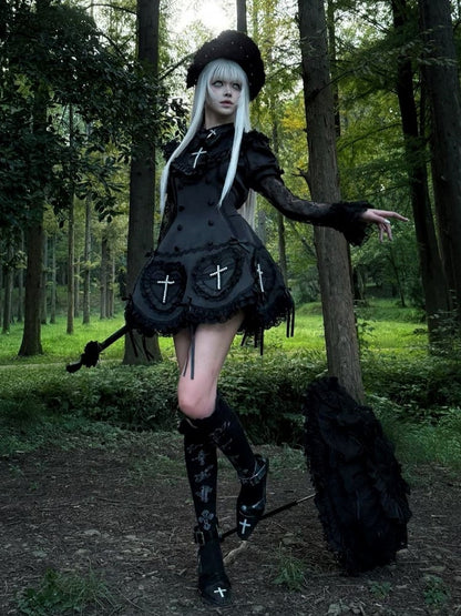 Details Cross and Lace Decoration Lolita Dress Black Gothic with Beaded