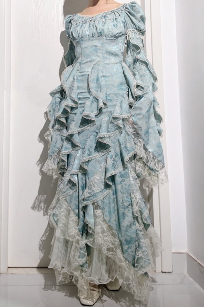 Long Ruffles Light Sleeves Boned Mermaid Dress Blue Waist Cascading Lolita
