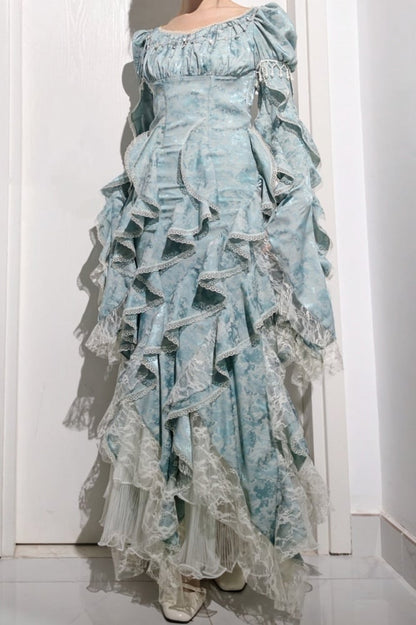 Long Ruffles Light Sleeves Boned Mermaid Dress Blue Waist Cascading Lolita