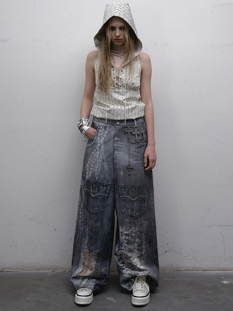 プリントトップ ホワイト スター柄 レースアップ ノースリーブ パーカー ストライプディテール