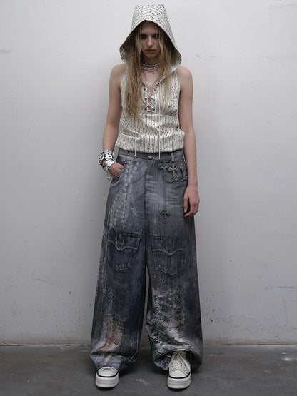 プリントトップ ホワイト スター柄 レースアップ ノースリーブ パーカー ストライプディテール