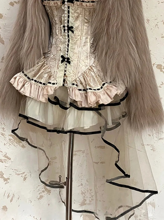 ベージュ 62-76CM ハイローサイズ ウエストゆとりフリースカート