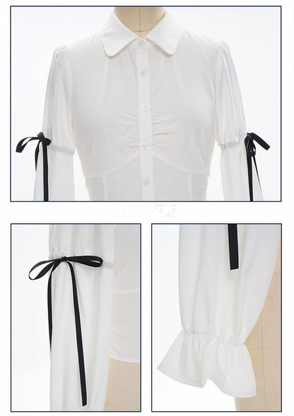 サスペンダースカート ホワイト ハイウエスト ブラック プレッピーセット - フルオーバーオール シャツ +