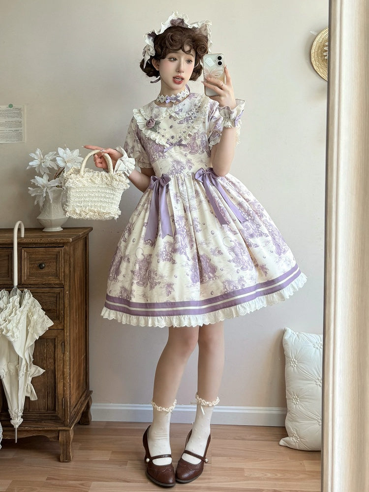 Lolita Print Lila Kurzes Kleid mit Peter-Ärmeln und Traubenkragen