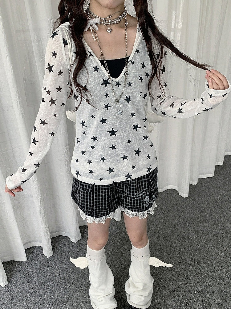 White Sheer Hooded Long Sleeve Top with Star Print Decoration - Solkatt