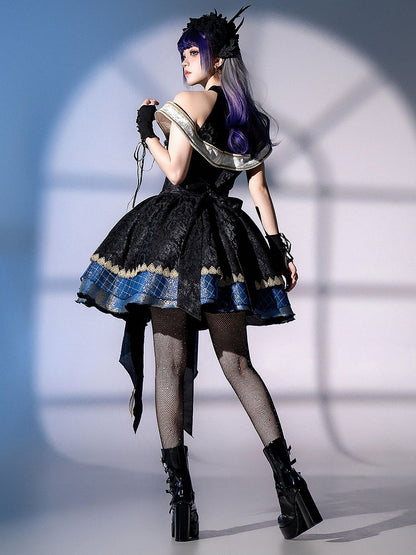 Skirt Cascading Front Design Ruffles Jumper Off-shoulder and Gothic Cross Neck Mock Print