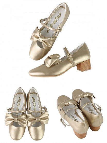 Golden Mid-heel Janes Top Mary at with Buckle - Bow Heart