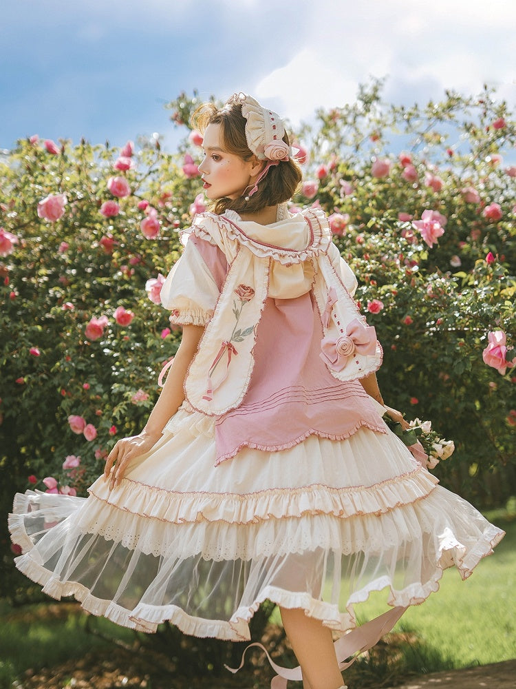 Rose Rosette Embroidered Sweet Lolita Bunny Ear Hooded Overdress with Heart Patches - Bodhi Original Design