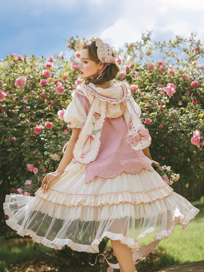 Rose Rosette Embroidered Sweet Lolita Bunny Ear Hooded Overdress with Heart Patches - Bodhi Original Design
