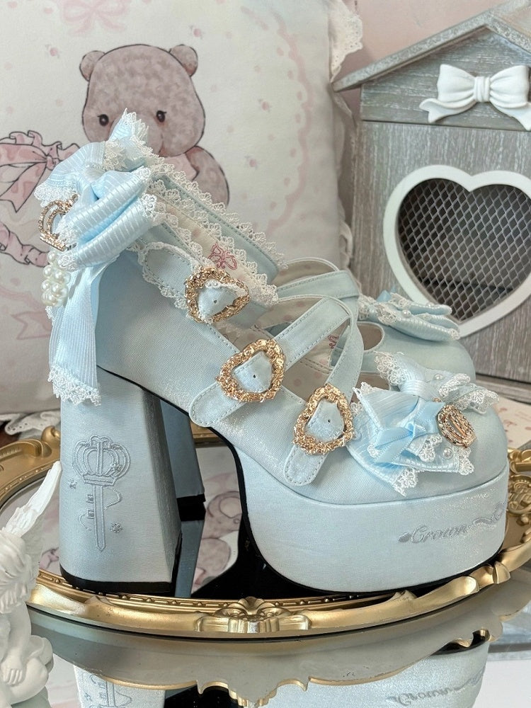 Platform Lolita Janes Satin Blue Crown Block Heel Details - High Sweet Mary