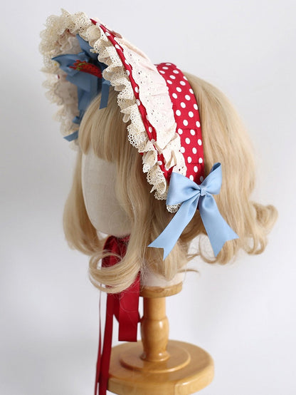 Details Pattern Red with Strawberry Blue Applique Bonnet Polka-dot Bowknot